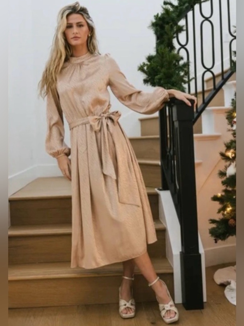 EUC Bohme Champage Ariana Zebra Midi Mock Neck Long Sleeve Dress